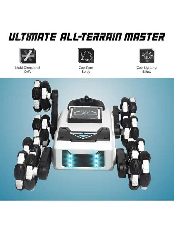 2.4G All-Terrain RC Robot Dog Stunt Vehicle with Drift Wheels, Mist Spray & LED Lights MDI711