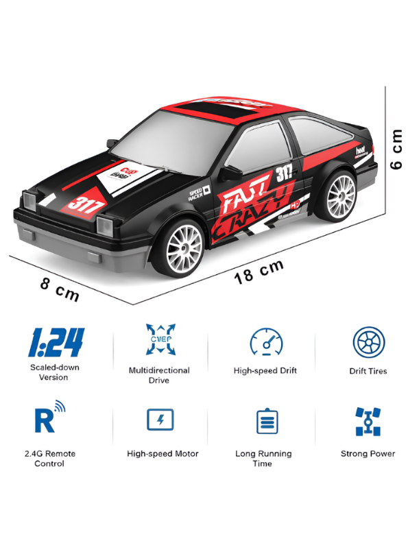 2.4GHz High-Speed RC Drift Car (1:24 Scale) | 15 KMPH Remote Control Racing Toy Car with Extra Tires & Rechargeable Battery for Kids TV6437