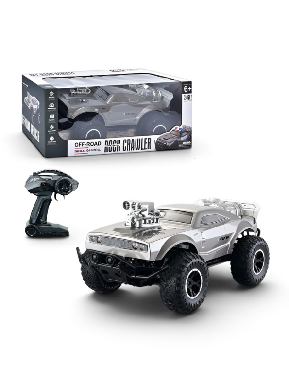 2.4GHz RC Rock Crawler Off-Road Monster Truck | Silver Muscle Car Die-Cast Style Remote Control Vehicle | 1:8 Scale High-Torque All-Terrain Toy Truck with Rechargeable Battery TV2165