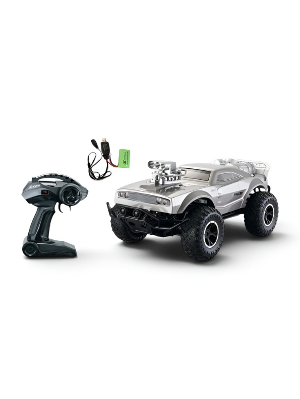 2.4GHz RC Rock Crawler Off-Road Monster Truck | Silver Muscle Car Die-Cast Style Remote Control Vehicle | 1:8 Scale High-Torque All-Terrain Toy Truck with Rechargeable Battery TV2165