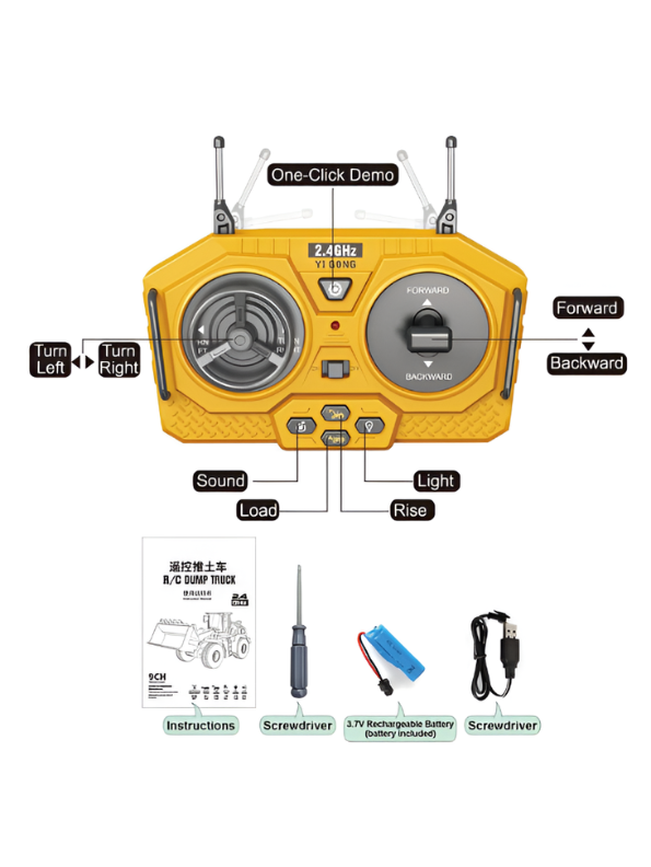 2.4GHz Remote Control Bulldozer Toy, 9-Channel RC Front Loader Construction Vehicle Rechargable Battery Electric Toy TV7210