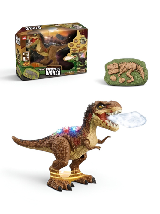 2.4G Remote Control Brown T-Rex Dinosaur Toy with Realistic Mist Spray, LED Lights, Roaring Sound, and 360° Rotation - Walking Tyrannosaurus Rex RC Robot for Kids LMI15366