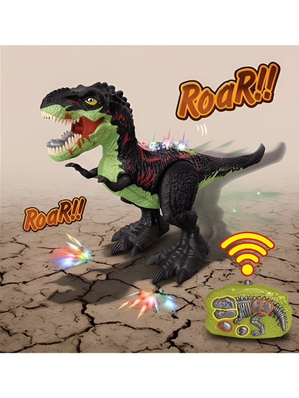 2.4G Remote Control Black T-Rex Dinosaur Toy with Realistic Mist Spray, LED Lights, Roaring Sound, and 360° Rotation - Walking Tyrannosaurus Rex RC Robot for Kids LMI15366