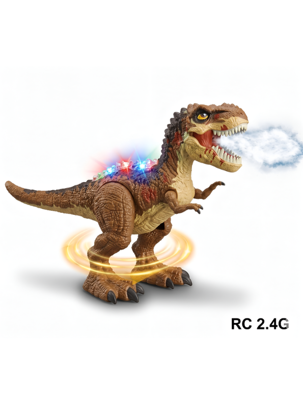 2.4G Remote Control Brown T-Rex Dinosaur Toy with Realistic Mist Spray, LED Lights, Roaring Sound, and 360° Rotation - Walking Tyrannosaurus Rex RC Robot for Kids LMI15366