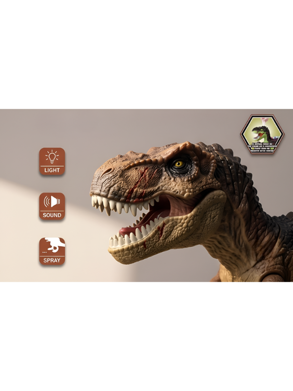 2.4G Remote Control Brown T-Rex Dinosaur Toy with Realistic Mist Spray, LED Lights, Roaring Sound, and 360° Rotation - Walking Tyrannosaurus Rex RC Robot for Kids LMI15366