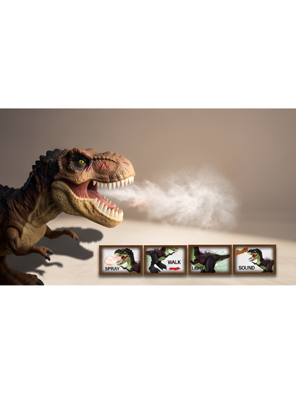 2.4G Remote Control Brown T-Rex Dinosaur Toy with Realistic Mist Spray, LED Lights, Roaring Sound, and 360° Rotation - Walking Tyrannosaurus Rex RC Robot for Kids LMI15366
