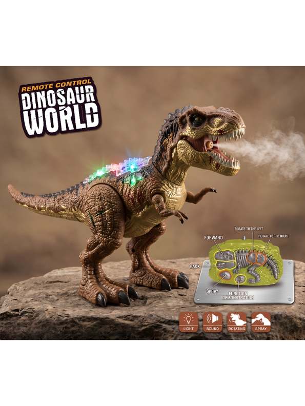 2.4G Remote Control Brown T-Rex Dinosaur Toy with Realistic Mist Spray, LED Lights, Roaring Sound, and 360° Rotation - Walking Tyrannosaurus Rex RC Robot for Kids LMI15366