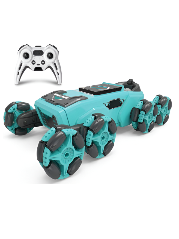 2.4G All-Terrain RC Green Robot Dog Stunt Vehicle with Drift Wheels, Mist Spray & LED Lights MD711