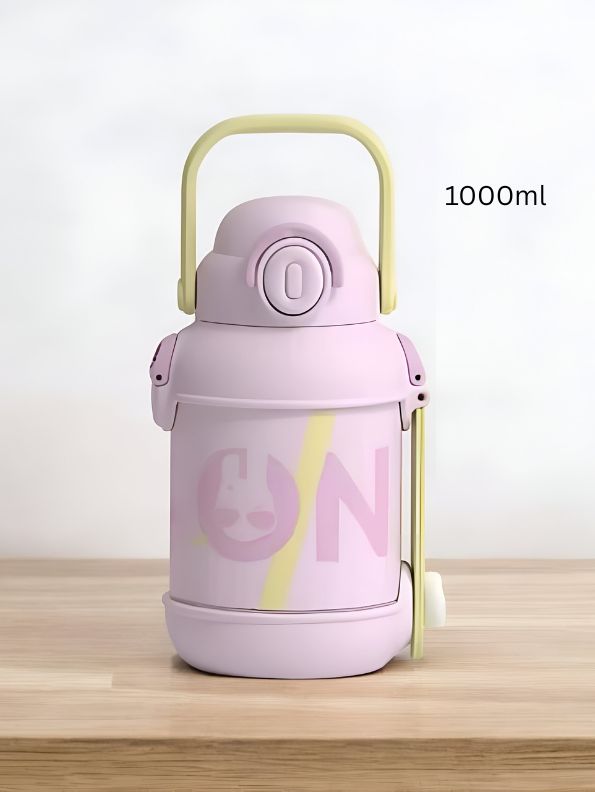 Pink - 2 in 1 Sipper with Handle & Neck Carry for Kids – 1000ml Leak-Proof Water Bottle with Box NOV12437.