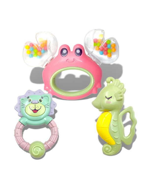 3-Piece Baby Rattle & Teether Toy Set – Lion, Seahorse & Crab Shakers for Infants, BPA-Free Sensory Toys NX12677.