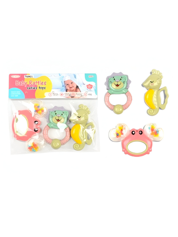 3-Piece Baby Rattle & Teether Toy Set – Lion, Seahorse & Crab Shakers for Infants, BPA-Free Sensory Toys NX12677.