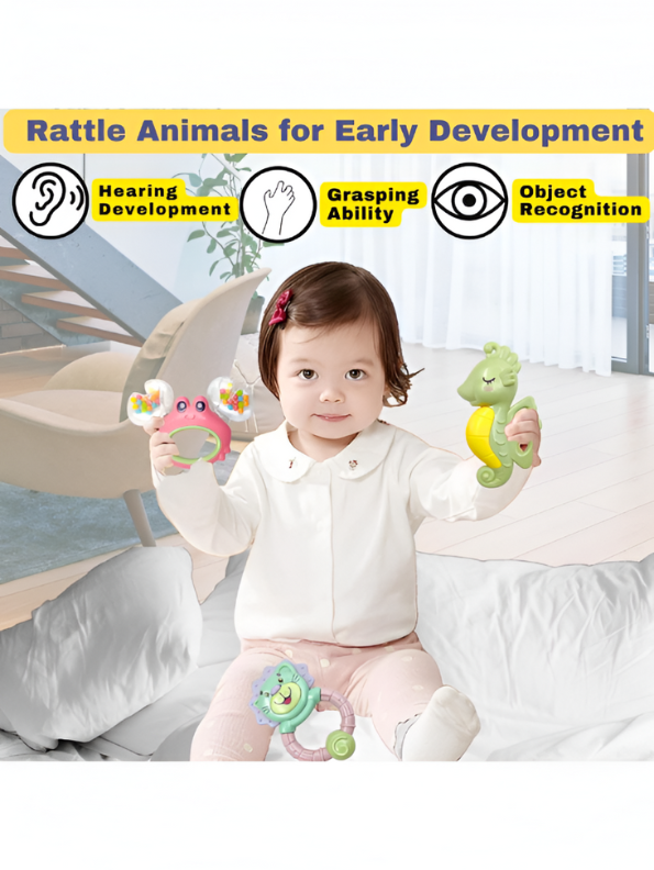 3-Piece Baby Rattle & Teether Toy Set – Lion, Seahorse & Crab Shakers for Infants, BPA-Free Sensory Toys NX12677.