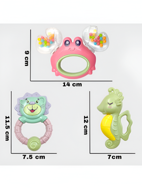 3-Piece Baby Rattle & Teether Toy Set – Lion, Seahorse & Crab Shakers for Infants, BPA-Free Sensory Toys NX12677.