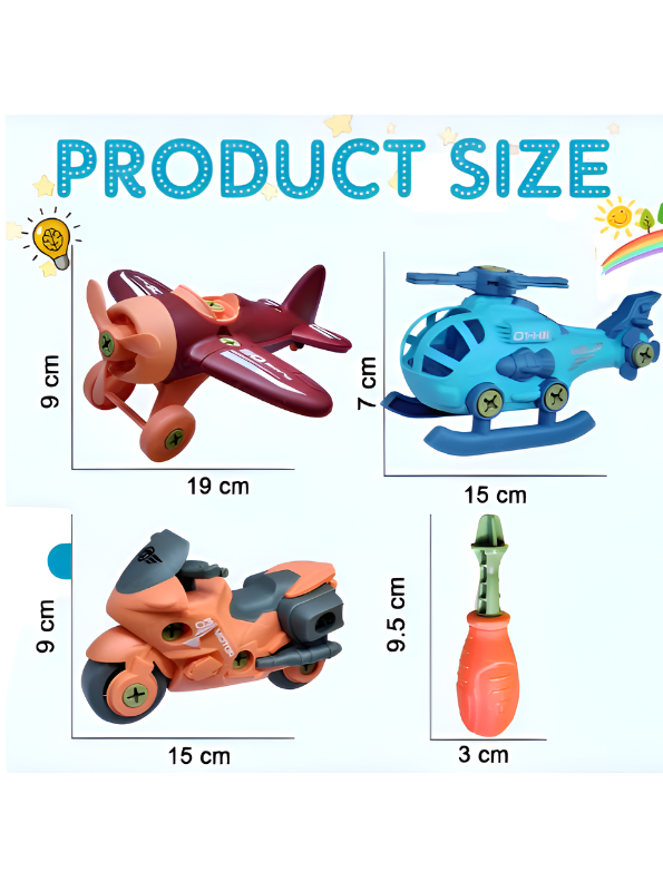 3-Piece DIY Assembly Vehicle Set – Take-Apart Bike, Airplane & Helicopter with Toy Tool LMI14896
