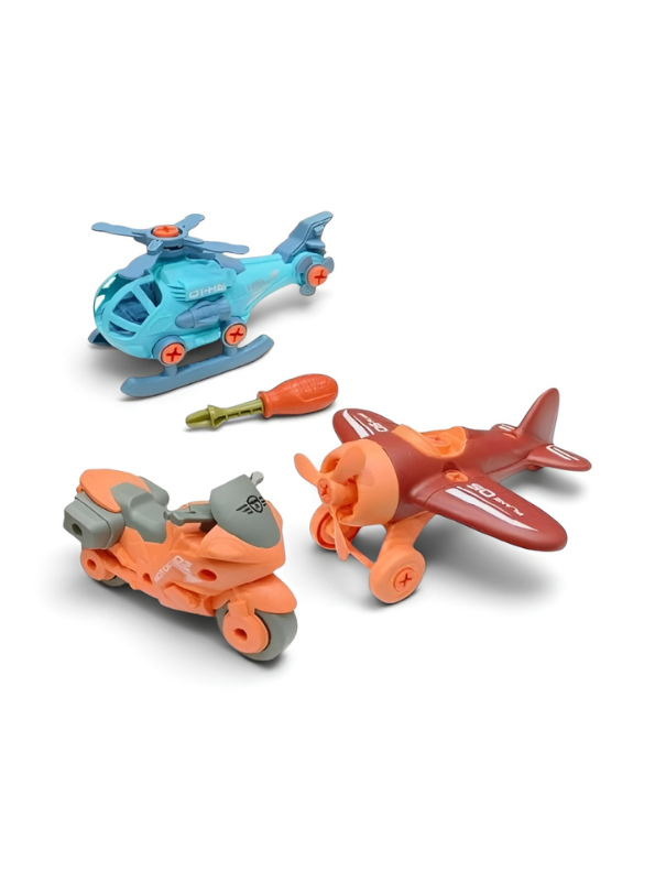 3-Piece DIY Assembly Vehicle Set – Take-Apart Bike, Airplane & Helicopter with Toy Tool LMI14896