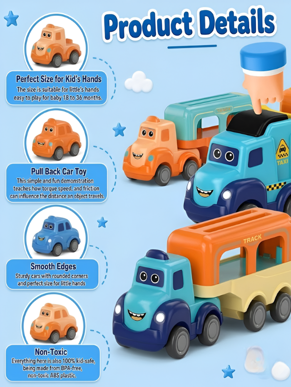 3-Piece Mini Cartoon Hauler Truck Set – Toddler Push-and-Go Vehicle Carrier Toys MD698