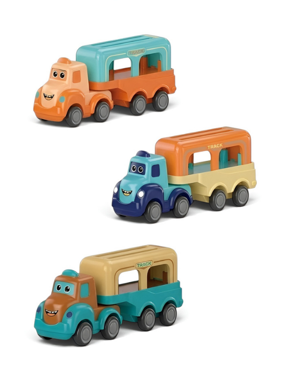 3-Piece Mini Cartoon Hauler Truck Set – Toddler Push-and-Go Vehicle Carrier Toys MD698