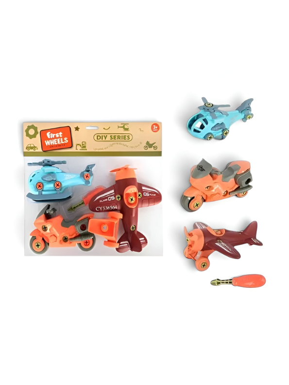 3-Piece DIY Assembly Vehicle Set – Take-Apart Bike, Airplane & Helicopter with Toy Tool LMI14896