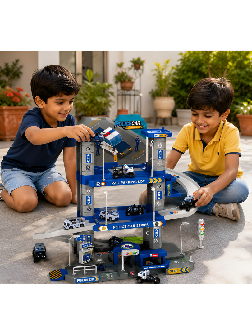3-Tier Police Station Garage Playset – Multi-Level Toy Parking Lot with 5 Die-Cast Cars, Helicopter & Track Ramps TV6780
