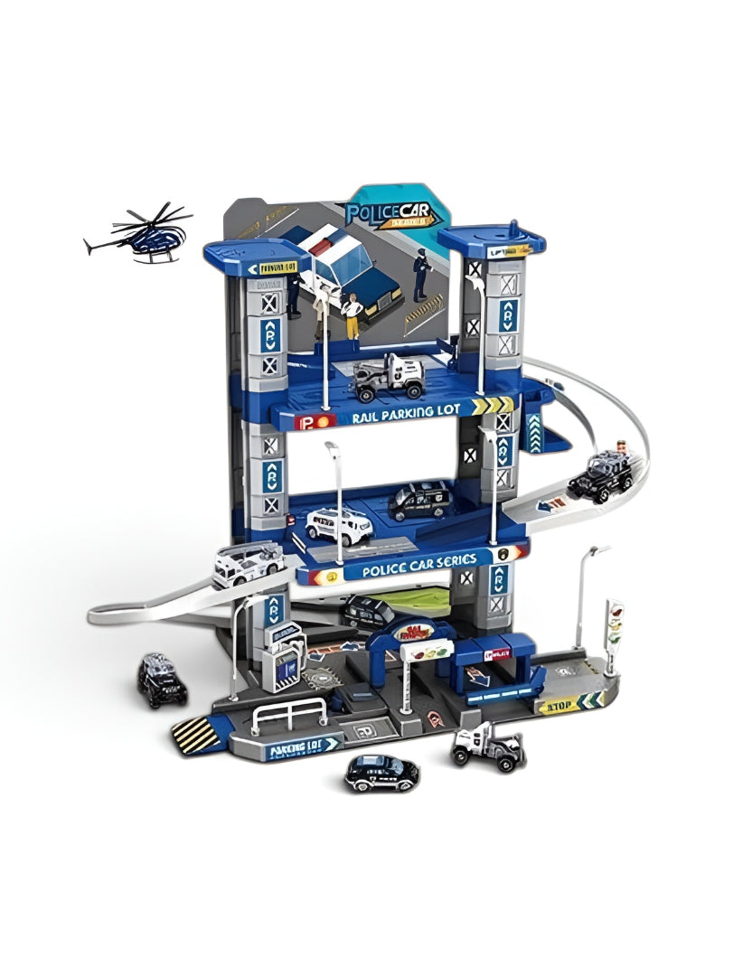 3-Tier Police Station Garage Playset – Multi-Level Toy Parking Lot with 5 Die-Cast Cars, Helicopter & Track Ramps TV6780