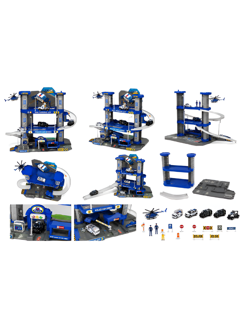 3-Tier Police Station Garage Playset – Multi-Level Toy Parking Lot with 5 Die-Cast Cars, Helicopter & Track Ramps TV6780