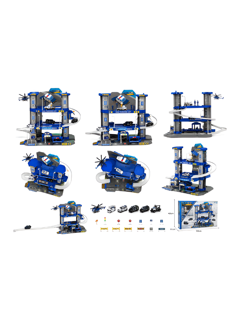 3-Tier Police Station Garage Playset – Multi-Level Toy Parking Lot with 5 Die-Cast Cars, Helicopter & Track Ramps TV6780