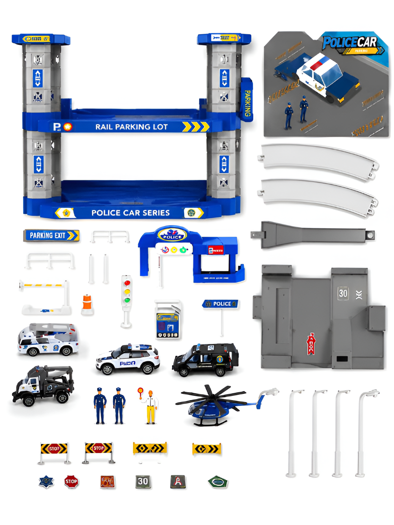 3-Tier Police Station Garage Playset – Multi-Level Toy Parking Lot with 5 Die-Cast Cars, Helicopter & Track Ramps TV6780