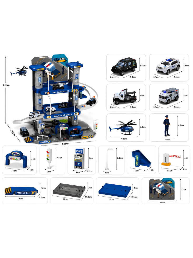 3-Tier Police Station Garage Playset – Multi-Level Toy Parking Lot with 5 Die-Cast Cars, Helicopter & Track Ramps TV6780
