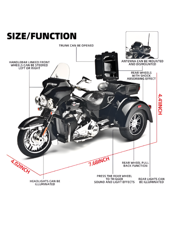 3-Wheel Cruise Trike Motorcycle Diecast Bike Black MD7.