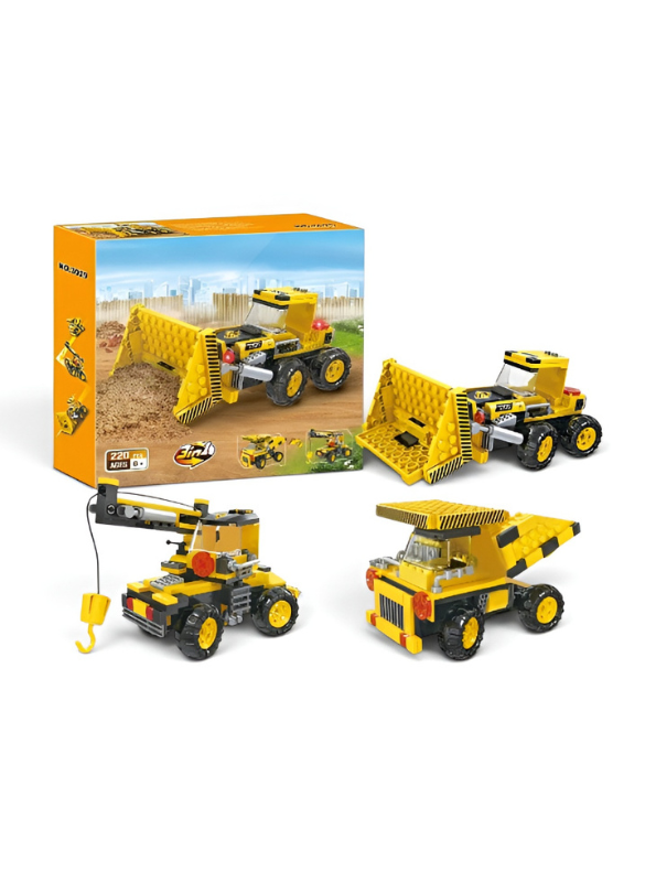 3-in-1 Construction Building Blocks Toy Set (220 Pieces) – Creative Engineering Play Set with Bulldozer, Dump Truck, and Crane Toys for Kids Ages 6+ TV7150