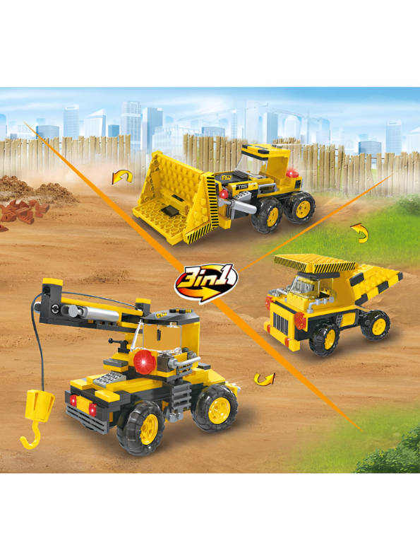 3-in-1 Construction Building Blocks Toy Set (220 Pieces) – Creative Engineering Play Set with Bulldozer, Dump Truck, and Crane Toys for Kids Ages 6+ TV7150