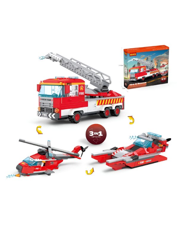Fire Truck Building Blocks Set – 3-in-1 249 PCS City Fire Engine, Helicopter & Boat Construction Toy for Kids TV5853.