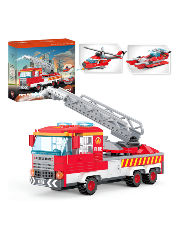 Fire Truck Building Blocks Set – 3-in-1 249 PCS City Fire Engine, Helicopter & Boat Construction Toy for Kids TV5853.