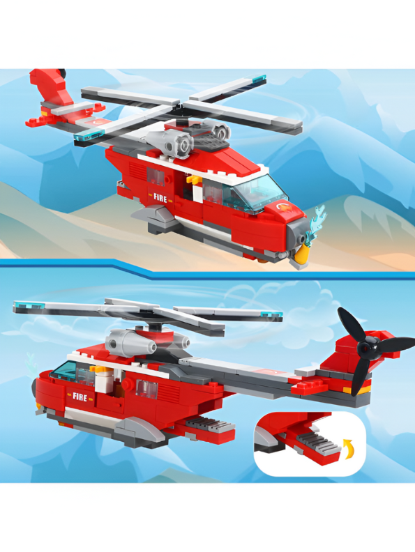 Fire Truck Building Blocks Set – 3-in-1 249 PCS City Fire Engine, Helicopter & Boat Construction Toy for Kids TV5853.