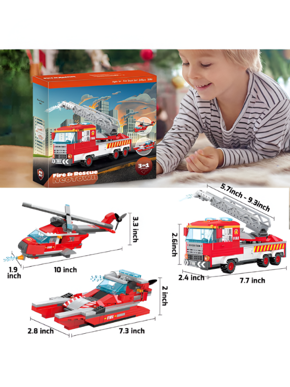 Fire Truck Building Blocks Set – 3-in-1 249 PCS City Fire Engine, Helicopter & Boat Construction Toy for Kids TV5853.