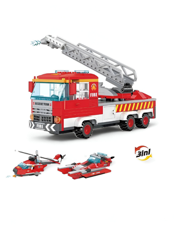 Fire Truck Building Blocks Set – 3-in-1 249 PCS City Fire Engine, Helicopter & Boat Construction Toy for Kids TV5853.