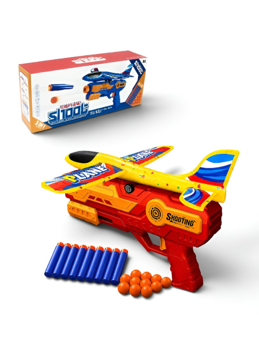 3-in-1 Foam Airplane Launcher Gun with Foam Darts and Foam Ball – Red Catapult Aircraft Toy Gun for Kids TV7348