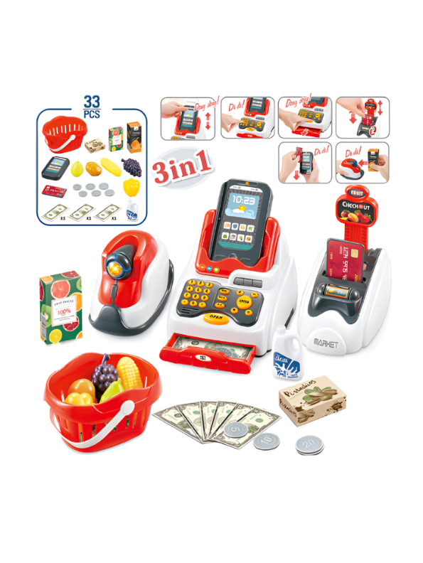 3-in-1 Kids Cash Register Toy with Scanner, Calculator & Shopping Basket TV1540.