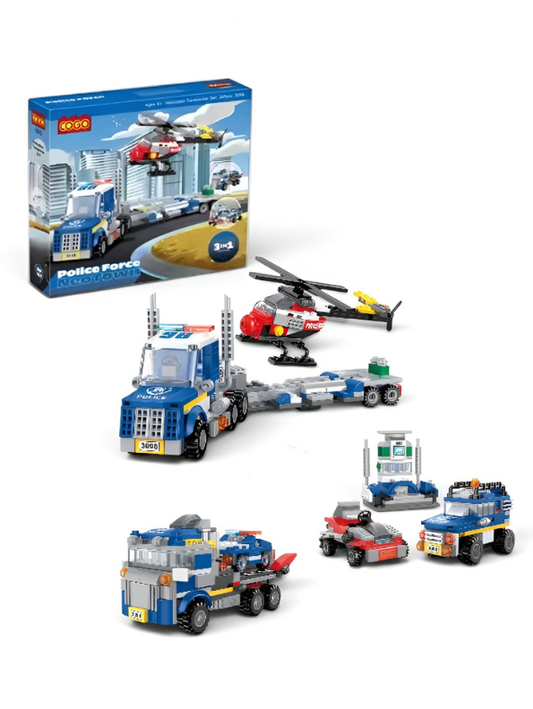 3-in-1 Police Force Building Block Set – Educational Construction Toy with Police Truck, Helicopter, and Patrol Car for Kids TV6558