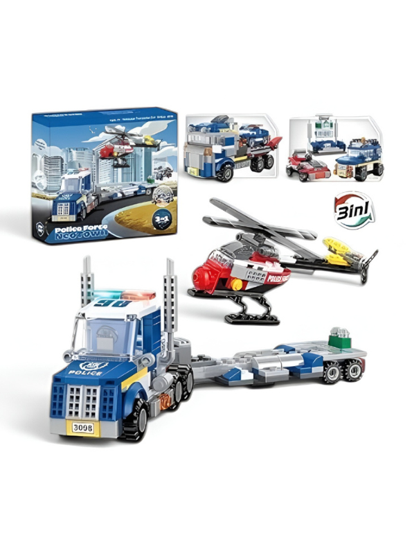 3-in-1 Police Force Building Block Set – Educational Construction Toy with Police Truck, Helicopter, and Patrol Car for Kids TV6558