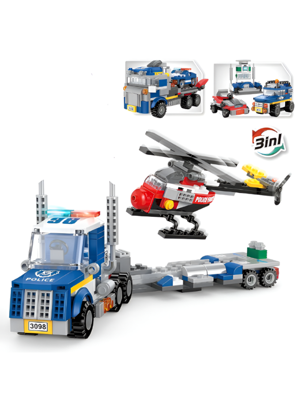 3-in-1 Police Force Building Block Set – Educational Construction Toy with Police Truck, Helicopter, and Patrol Car for Kids TV6558