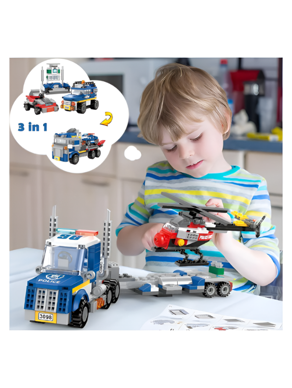 3-in-1 Police Force Building Block Set – Educational Construction Toy with Police Truck, Helicopter, and Patrol Car for Kids TV6558