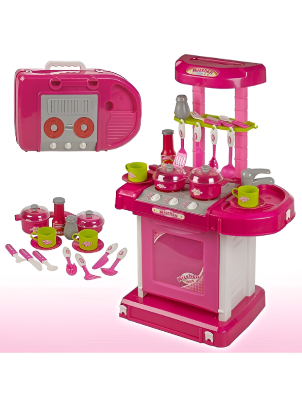 3-in-1 Portable Pink Kids Kitchen Playset | Pretend Cooking Toy Set with Utensils & Accessories | Interactive Role Play Kitchen Kit for Kids TV023