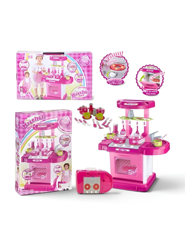 3-in-1 Portable Pink Kids Kitchen Playset | Pretend Cooking Toy Set with Utensils & Accessories | Interactive Role Play Kitchen Kit for Kids TV023