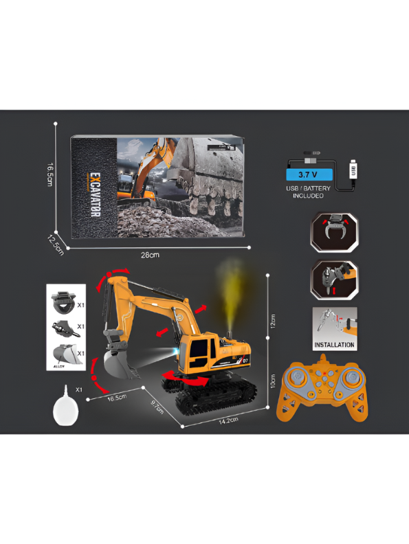 3-in-1 RC Excavator Toy Truck – Remote Control Construction Vehicle with Alloy Bucket, Grabber & Drill, 360° Rotation TV5477.