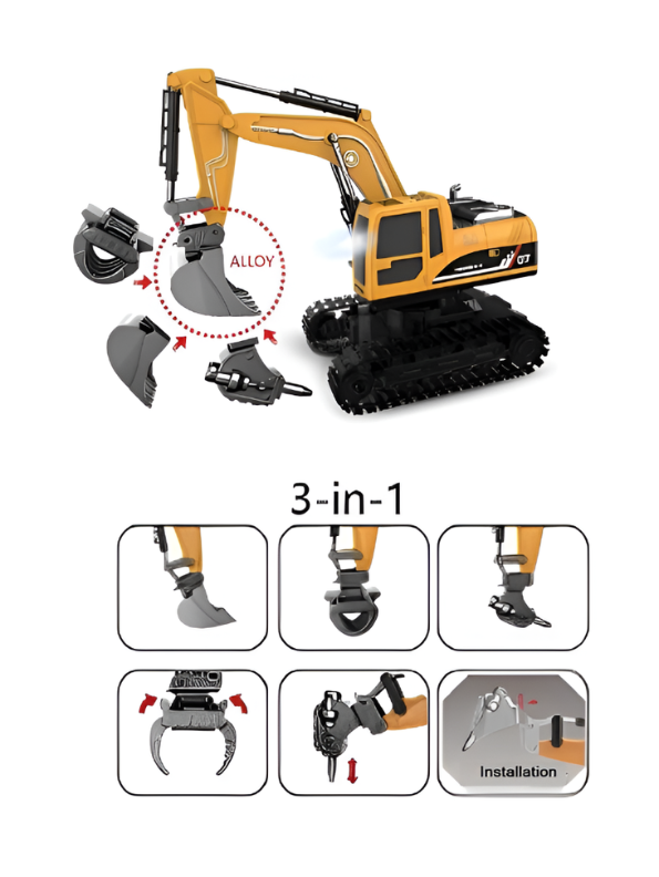 3-in-1 RC Excavator Toy Truck – Remote Control Construction Vehicle with Alloy Bucket, Grabber & Drill, 360° Rotation TV5477.