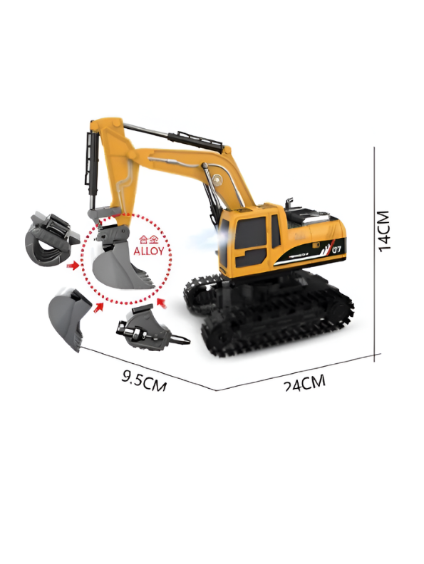 3-in-1 RC Excavator Toy Truck – Remote Control Construction Vehicle with Alloy Bucket, Grabber & Drill, 360° Rotation TV5477.