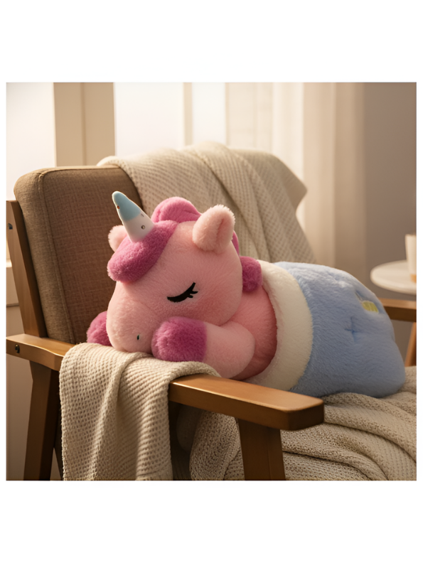 30cm Sleeping Pink Unicorn Plush Toy with Blue Sleeping Bag – Soft Stuffed Animal, Cute Unicorn Teddy ST15295.
