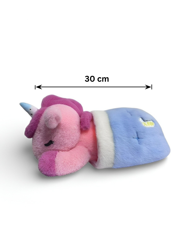 30cm Sleeping Pink Unicorn Plush Toy with Blue Sleeping Bag – Soft Stuffed Animal, Cute Unicorn Teddy ST15295.