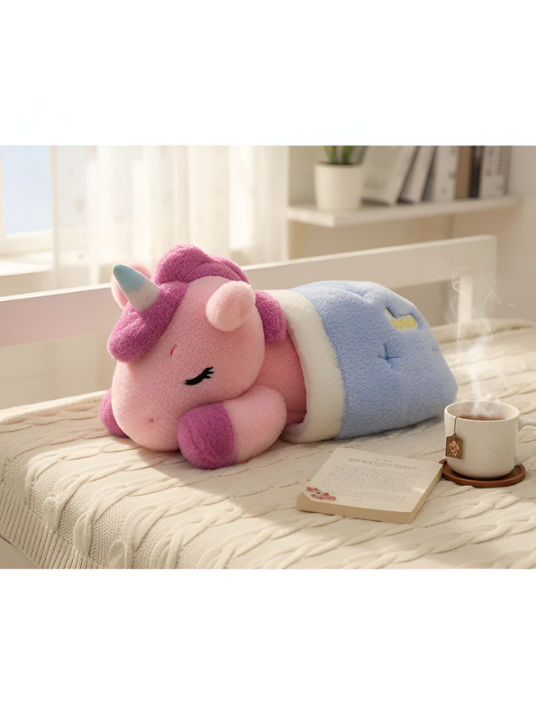 30cm Sleeping Pink Unicorn Plush Toy with Blue Sleeping Bag – Soft Stuffed Animal, Cute Unicorn Teddy ST15295.